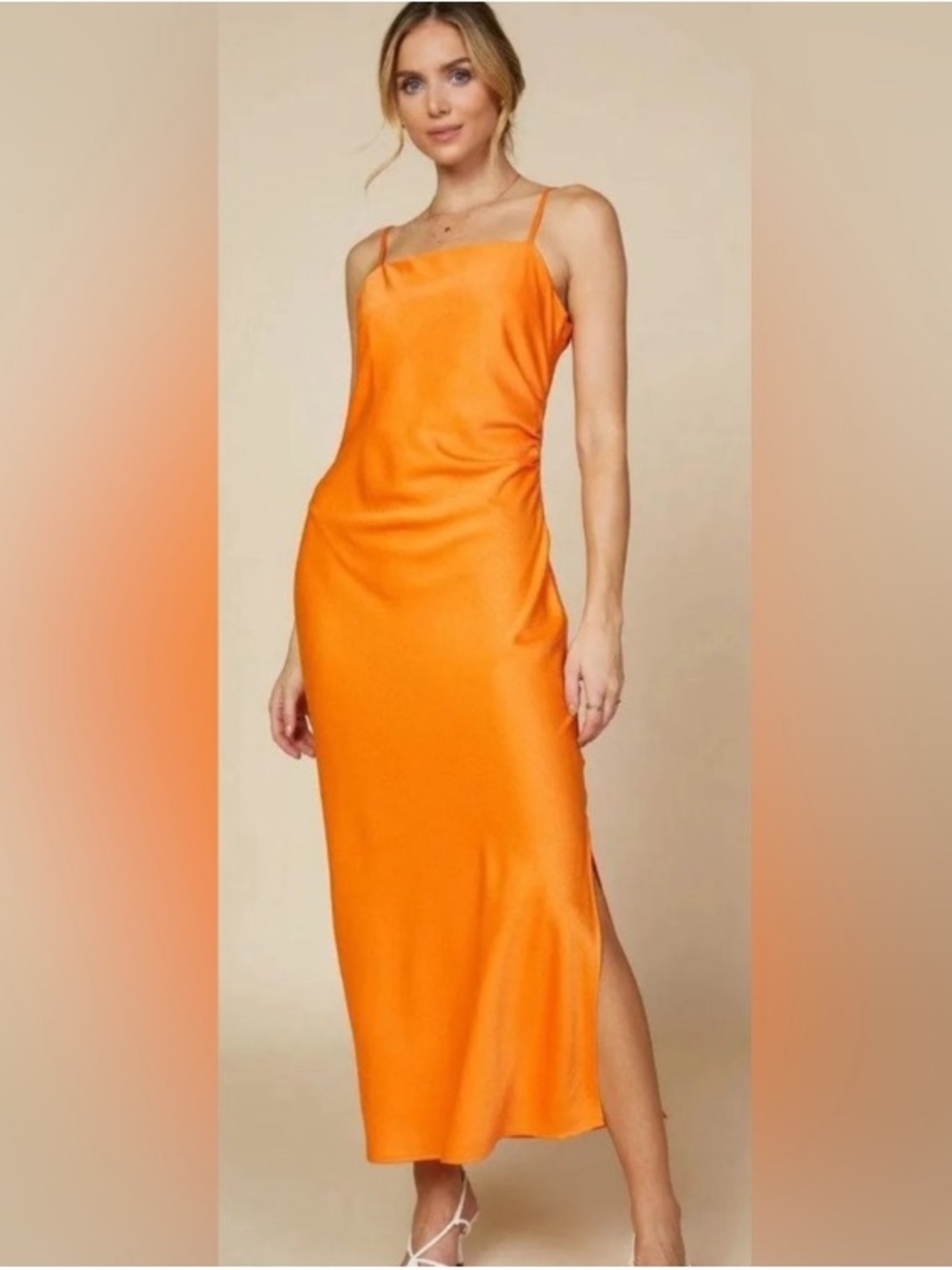 Skies Are Blue Curvy Vibrant Orange Satin Slip Midi Dress